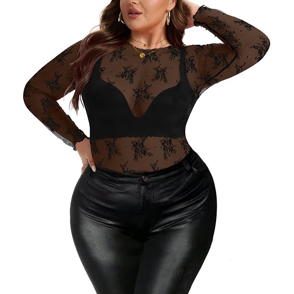 SHENHE Women's Plus Size Lace Tops Floral Mesh Long Sleeve Sheer